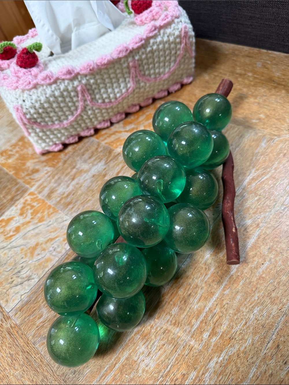 Decorative Green Lucite Grape Cluster with Brown Stem